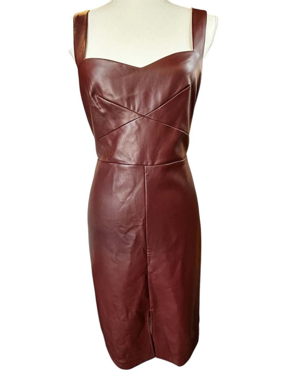 French Connection Crolenda Burgundy Faux Leather Midi Dress - Picture 2 of 4